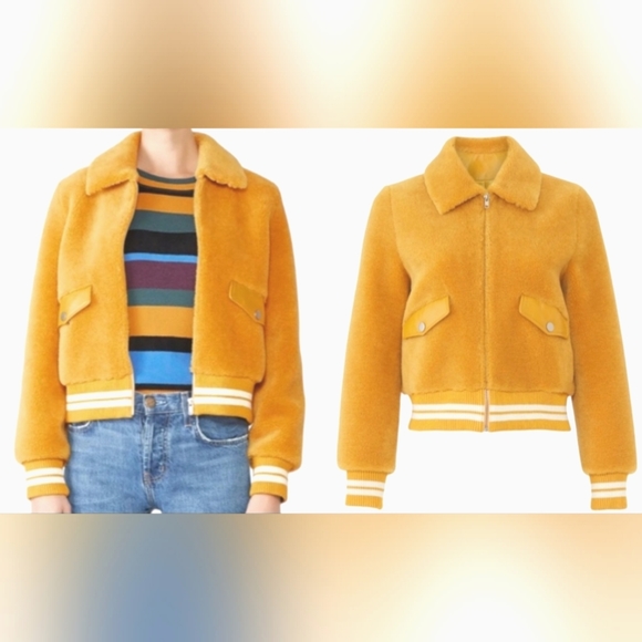 Samantha Sipos Mango Bomber Jacket Shearling Leather Ribbed Hem Large Gold White